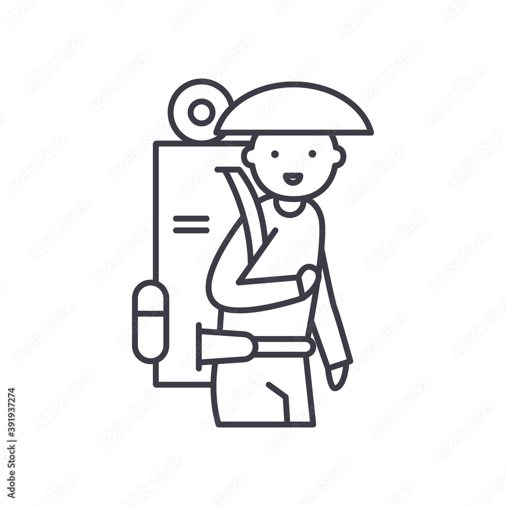 Male traveller icon, linear isolated illustration, thin line vector, web design sign, outline concept symbol with editable stroke on white background. Male traveller icon, linear isolated illustration, thin line vector, web design sign, outline concept symbol with editable stroke on white background.