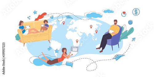 Cartoon flat characters surfing internet - global worldwide content,web chat,social media service,online education,messenger communication,freelance remote work concept © VectorSpace