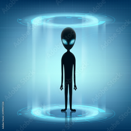 Alien stand on a futuristic background. Space invader on UFO.