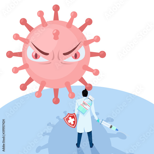 Fight covid-19 corona virus, Doctor holding Covid-19 vaccine to fight virus cell, Coronavirus, 2019-nCoV, covid-19, Last boss virus concept, Concept of fight against virus.