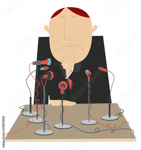 Table, microphones and man shows a finger to keep quiet illustration. A lot of microphones and man sits at the table and put a finger on the lips and talks nothing isolated on white photo