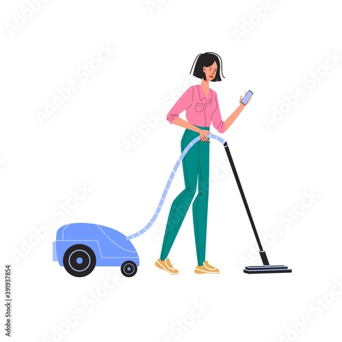 Cartoon flat character surfing internet indoor at home interior - web chat,social networking service,online education,messenger communication,freelance remote work concept