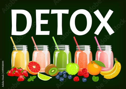 Detox. Smoothies with fruits and berries. Fresh fruits, Natural food, Detox, Healthy eating, Vegan concept. Vector illustration for poster, banner, flyer, menu, cover, advertising.
