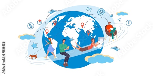 Cartoon flat characters surfing internet - global worldwide content,web chat,social media service,online education,messenger communication,freelance remote work concept