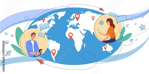 Cartoon flat characters surfing internet - global worldwide content,web chat,social media service,online education,messenger communication,freelance remote work concept