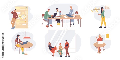 Set of cartoon flat characters office workers,busy employees,freelancers doing business and various things at home or office workplace. Workflow of business and self-employed people concept