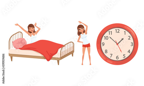 Girl Waking Up and Doing Morning Workout Set, Young Woman Activity and Daily Routine Cartoon Vector Illustration