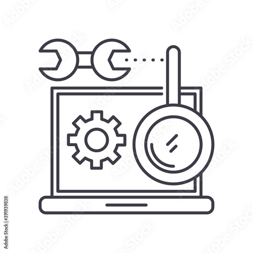 Search optimization icon, linear isolated illustration, thin line vector, web design sign, outline concept symbol with editable stroke on white background. © Nina