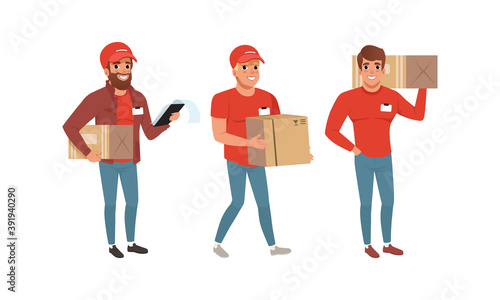 Express Delivery Service Concept, Male Couriers in Uniform Delivering Parcels Set Cartoon Vector Illustration