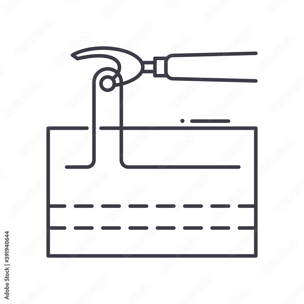 Seam ripper icon, linear isolated illustration, thin line vector, web design sign, outline concept symbol with editable stroke on white background. Seam ripper icon, linear isolated illustration, thin line vector, web design sign, outline concept symbol with editable stroke on white background.