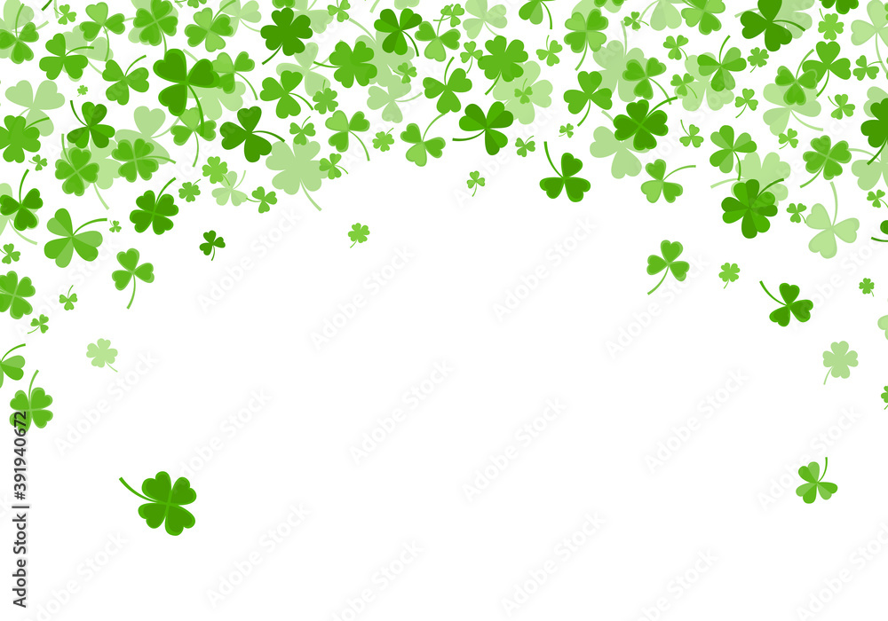 Shamrock or clover leaves flat design green backdrop pattern vector illustration isolated on white background. St Patricks Day shamrock symbols decorative elements.