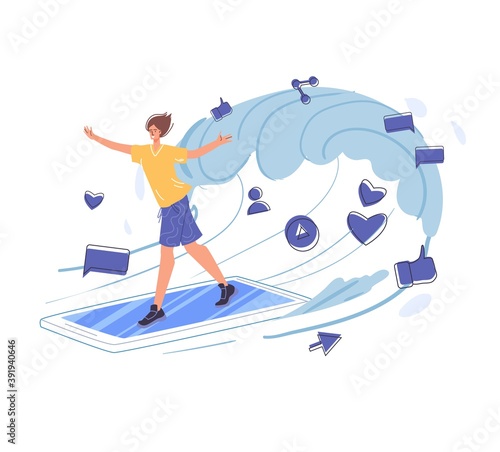 Cartoon flat character surfing internet - global worldwide content,web chat,social media service,online education,messenger communication,freelance remote work concept