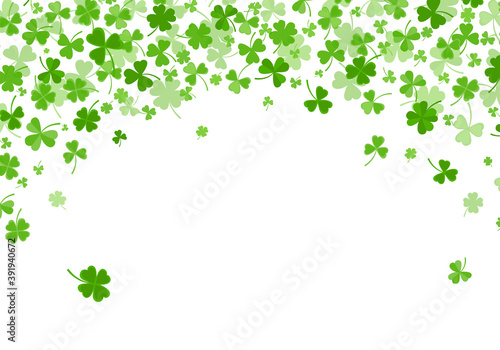 Shamrock or clover leaves flat design green backdrop pattern vector illustration isolated on white background. St Patricks Day shamrock symbols decorative elements.