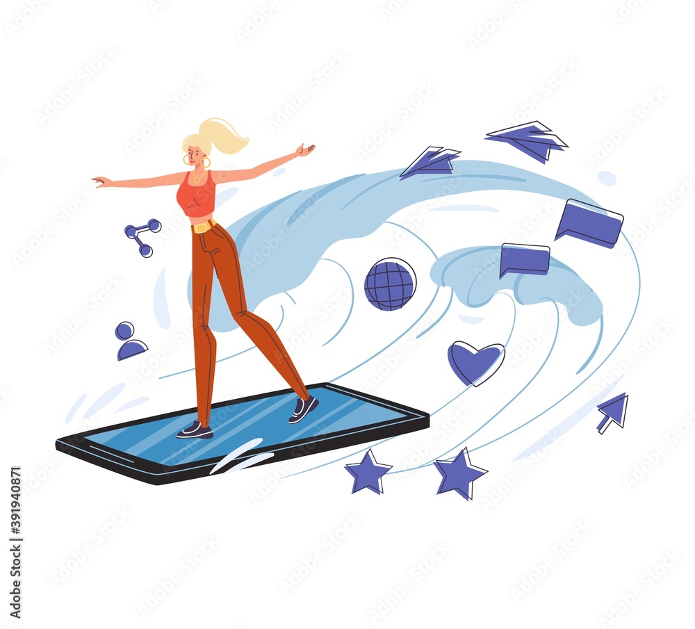 Cartoon flat character surfing internet - global worldwide content,web chat,social media service,online education,messenger communication,freelance remote work concept