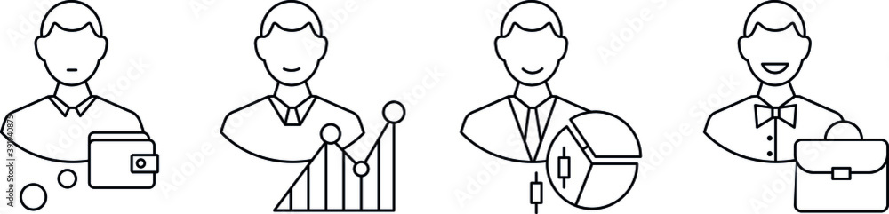 Four vector linear icons are the path of a successful broker investor from beginner to expert. Four vector linear icons are the path of a successful broker investor from beginner to expert.