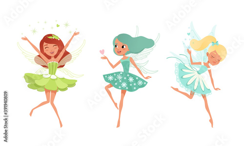 Cute Girls Fairies with Wings Set, Beautiful Girls Flying in Pretty Flower Dresses of Pastel Colors Cartoon Vector Illustration