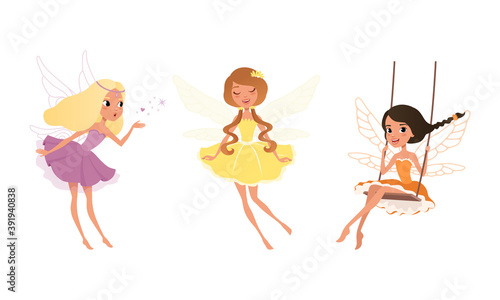 Adorable Girls Fairies with Wings Set, Beautiful Girls in Pretty Colorful Dresses Cartoon Vector Illustration