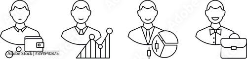 Four vector linear icons are the path of a successful broker investor from beginner to expert.