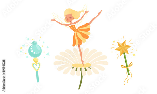 Fairy Magic Wands and Beautiful Fairy Girl with Wings Dancing on Flower Cartoon Vector Illustration