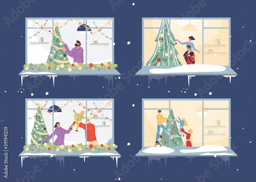 Set of flat cartoon family characters happily decorating christmas tree,merry Xmas,happy New Year holiday concept