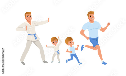 Fathers and their Sons Doing Sports Together, Cheerful Man and Boy Practicing Martial Arts and Jogging Cartoon Vector Illustration