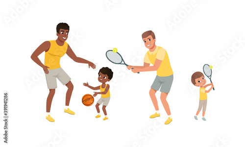Fathers and their Sons Doing Sports Together, Cheerful Men and Boys Playing Basketball and Tennis Cartoon Vector Illustration