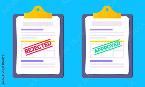 Rejected and approved credit or loan forms set with clipboard and claim form on it, paper sheets isolated on blue background flat style vector illustration. Concept of fill out online application form