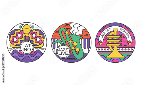 Festival Logos Set, Latino, Jazz Live Festival Labels or Stickers of Round Shape Vector Illustration