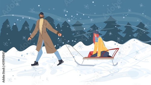 Flat cartoon family characters doing winter outdoor activities,sledging in snow,merry christmas,happy New Year holiday concept
