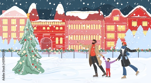 Flat cartoon family characters doing winter outdoor activities,ice skating near christmas tree in snow,merry Xmas,happy New Year holiday concept