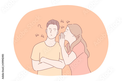 Secret, whisper, spreading information on ear concept. Young girl cartoon character whispering information and secrets to frustrated boy ear. Communication in halftone in couple vector illustration 