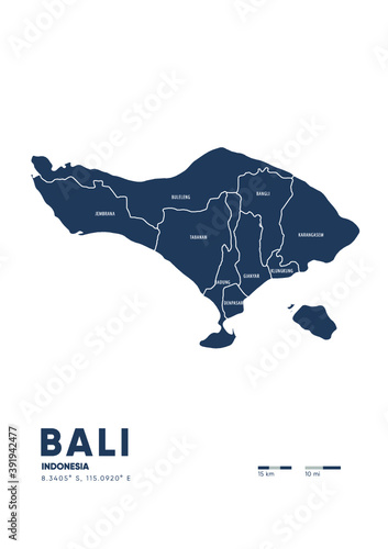 bali island map vector drawing with scale and details district indonesia map