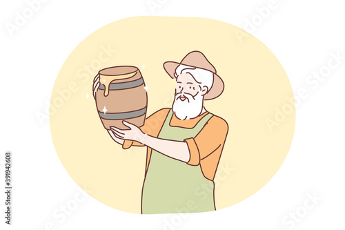 Beekeeping, harvesting, honey concept. Old man senior citizen pensioner farmer beekeeper cartton character at apiary holding honey in barrels jars. Rural hobby occupation on farmland illustration.