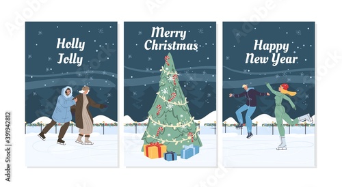 Flat cartoon family characters doing winter outdoor activities,ice skating in snow,merry christmas,happy New Year holiday concept