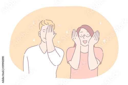 Flirting  embarrassment in couple concept. Young smiling girl and boy cartoon characters teens covering eyes and face with hands feeling positive embarrassment during communication and dating 