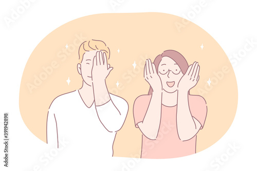 Flirting, embarrassment in couple concept. Young smiling girl and boy cartoon characters teens covering eyes and face with hands feeling positive embarrassment during communication and dating 