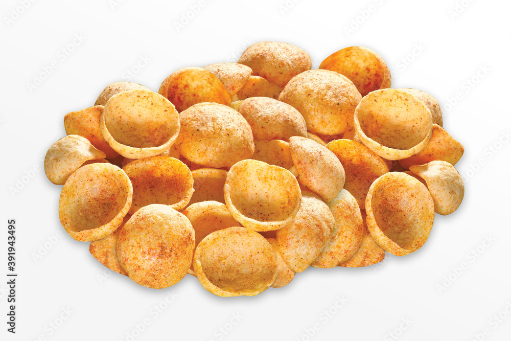 Crispy and crunchy Salty wheat cup & Katori, vatka, moon chips, vatki, fryums or frymus, snack food, Indian Pouch Packing Street Food, selective focus - Image Crispy and crunchy Salty wheat cup & Katori, vatka, moon chips, vatki, fryums or frymus, snack food, Indian Pouch Packing Street Food, selective focus - Image