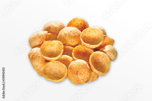 Crispy and crunchy Salty wheat cup   Katori  vatka  moon chips  vatki  fryums or frymus  snack food  Indian Pouch Packing Street Food  selective focus - Image