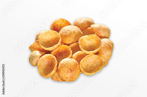 Crispy and crunchy Salty wheat cup & Katori, vatka, moon chips, vatki, fryums or frymus, snack food, Indian Pouch Packing Street Food, selective focus - Image