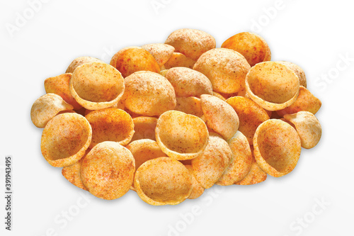 Crispy and crunchy Salty wheat cup & Katori, vatka, moon chips, vatki, fryums or frymus, snack food, Indian Pouch Packing Street Food, selective focus - Image