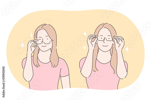 Eyeglasses, glasses as stylish casual accessory for women concept. Young smiling woman cartoon character in t-shirt enjoying wearing sunglasses for eyesight correction vector illustration