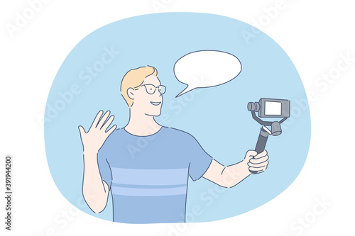 Blogging, blogging, sharing video content online concept. Teen boy cartoon character standing with smartphone camera on tripod and recording video for sharing in online blog for audience 
