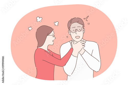 Scandal, quarrel, fighting, abuse concept. Young aggressive angry woman cartoon character choking frustrated scared boyfriend or husband during showdown with hands on his neck