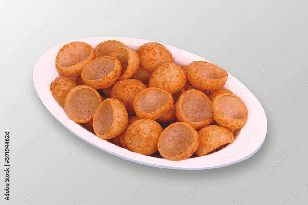 Crispy and crunchy Salty wheat cup & Katori, vatka, moon chips, vatki, fryums or frymus, snack food, Indian Pouch Packing Street Food, selective focus - Image Crispy and crunchy Salty wheat cup & Katori, vatka, moon chips, vatki, fryums or frymus, snack food, Indian Pouch Packing Street Food, selective focus - Image