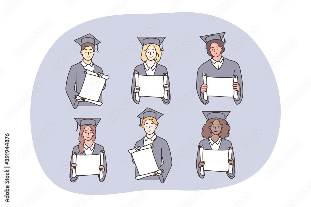 Studentship, graduation, diploma set concept. Multiethnic african american chinese boys girls students in academic caps gowns graduate from university. Multiracial people with banners illustration.