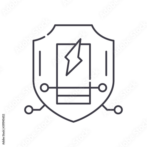 Low voltage protection icon, linear isolated illustration, thin line vector, web design sign, outline concept symbol with editable stroke on white background.