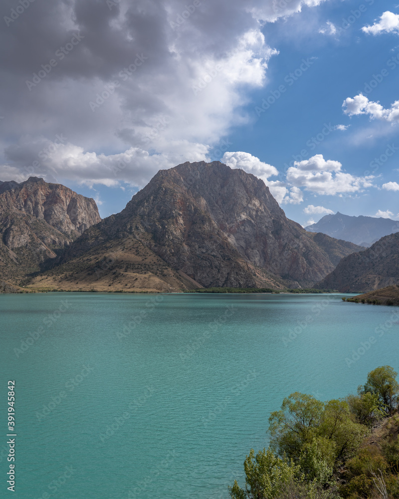 Panoramic view of lake Iskanderkul in the Fann mountains of Tajikistan