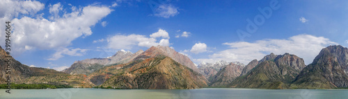 Scenic panoramic summer view of lake Iskanderkul in the Fann mountains, Sughd, Tajikistan
