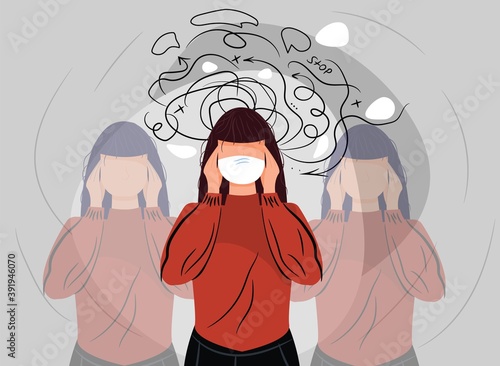 Anxiety and fear because of the corona virus woman headache attack crisis.