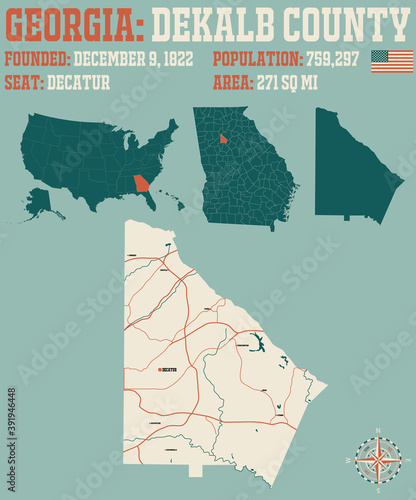 Large and detailed map of DeKalb county in Georgia, USA.